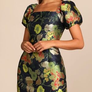 So Stunning Navy Blue Floral Jacquard Puff Sleeve Mini Dress